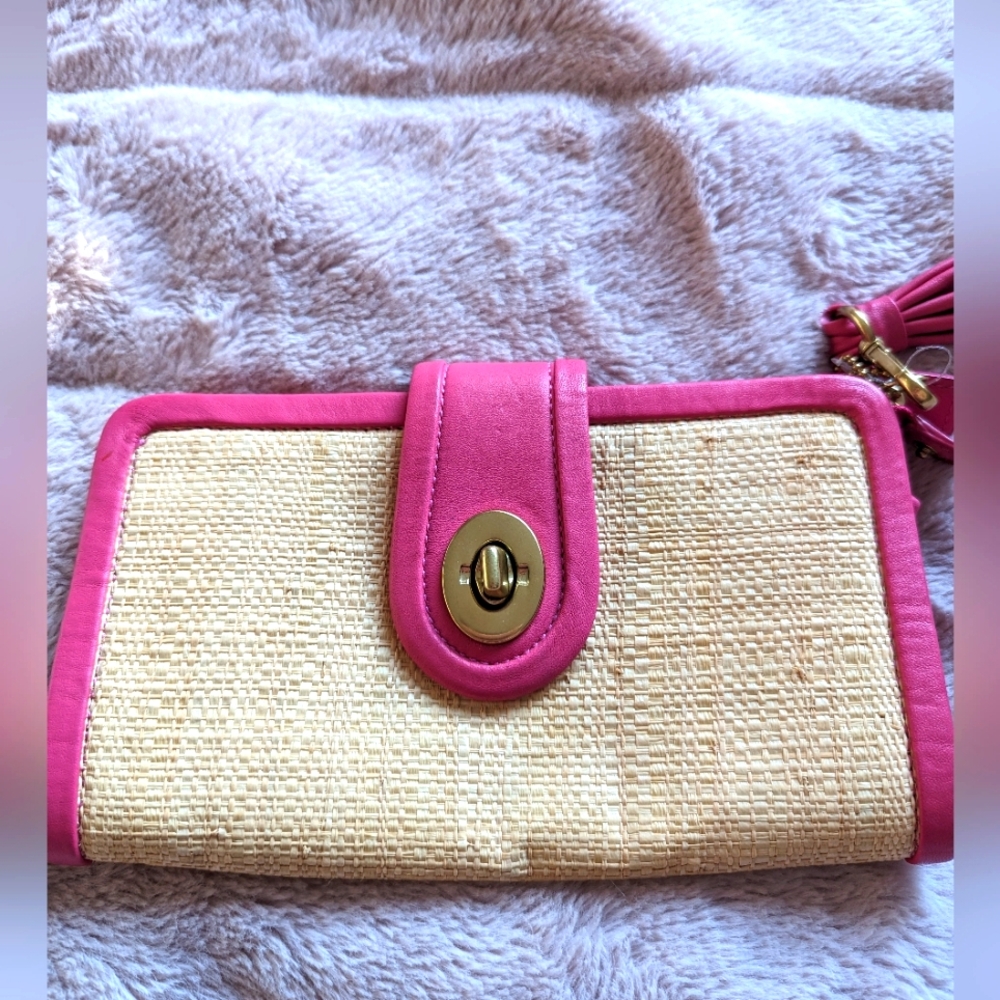 Coach Parker Straw And Pink Leather New Wristlet Clutch Wallet
